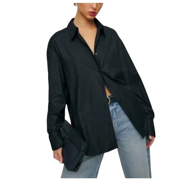 Reformation L Will Oversized Shirt Black Button Capsule Wardrobe Minimalist - Picture 1 of 9